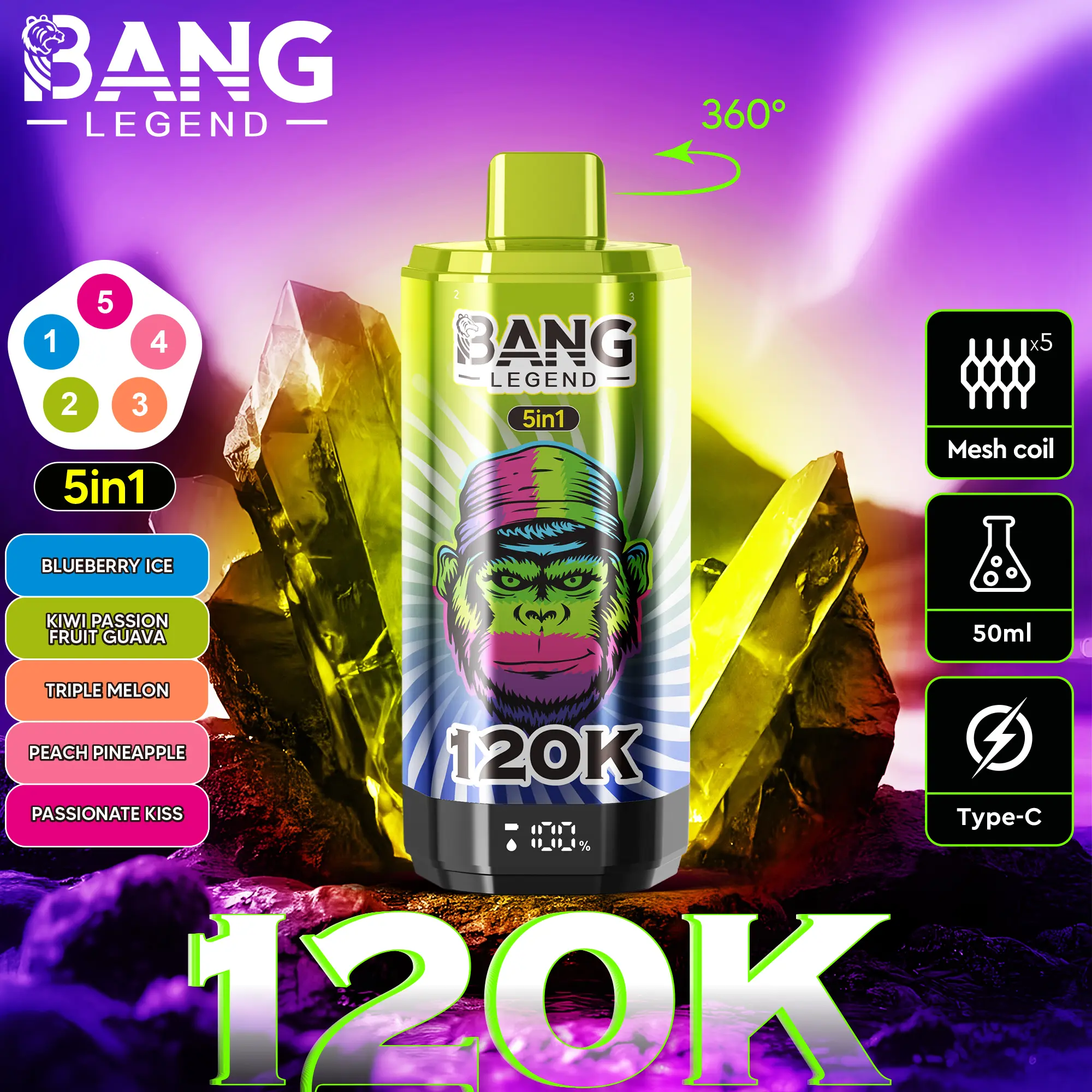Bang Legend 120K Puffs – 5 az 1-ben Vaping, 120,000 Puff és Több Íz