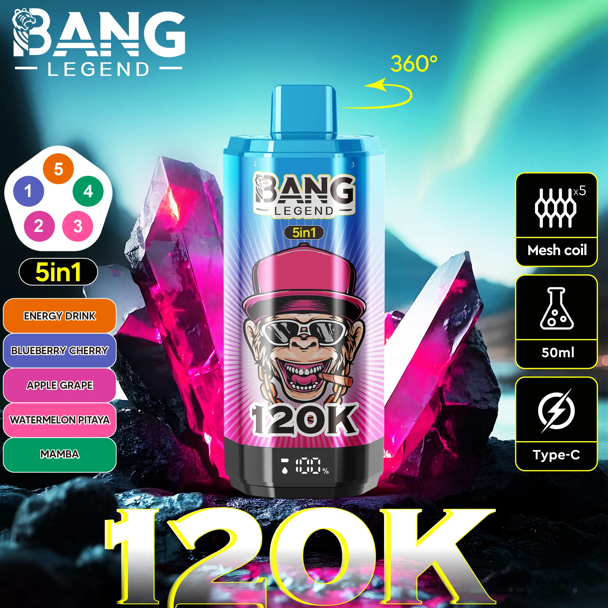 Bang Legend 120K Puffs – 5 az 1-ben Vaping, 120,000 Puff és Több Íz
