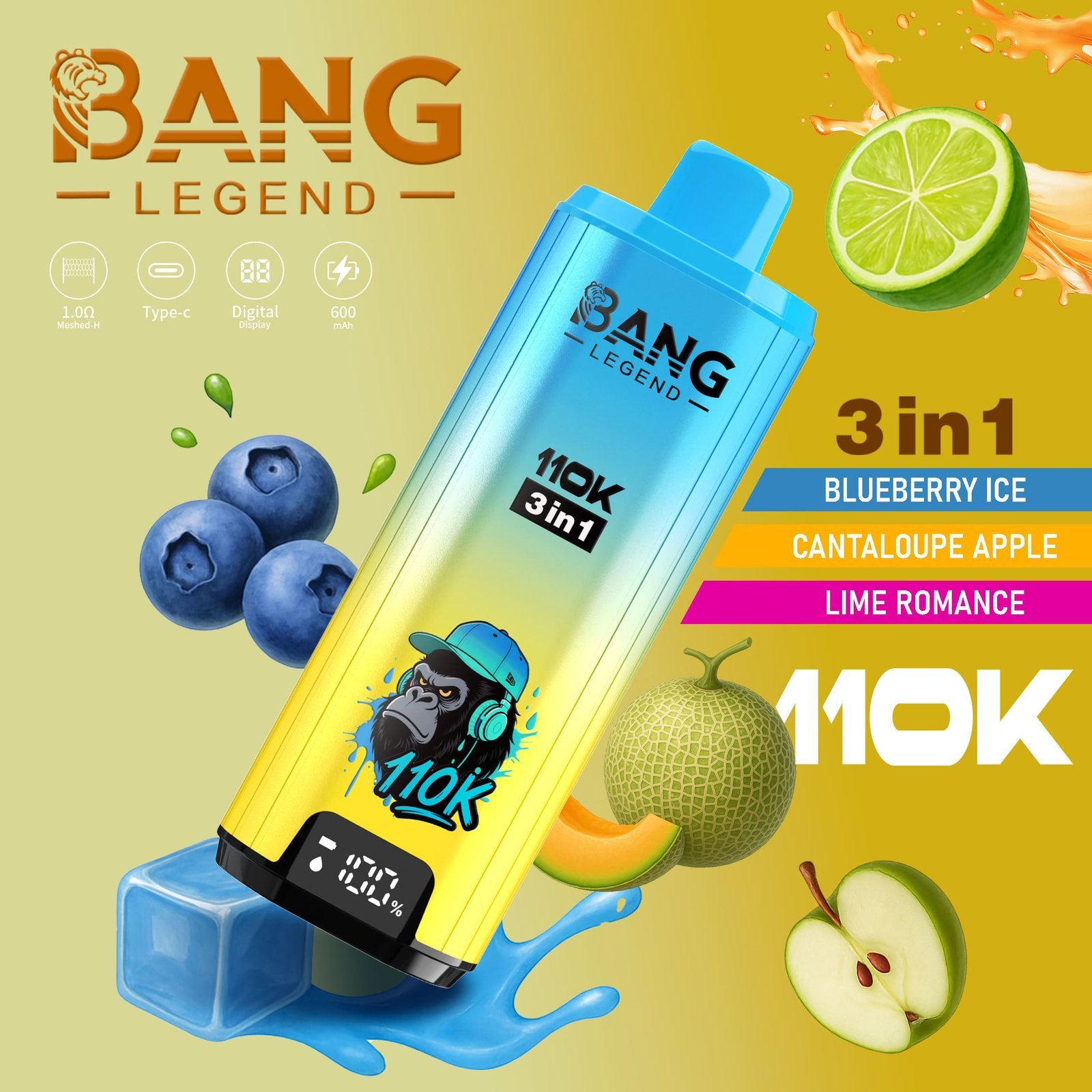 Bang Legend 110K Puffs 3 az 1-ben Vape – Ultra hosszú élettartam, hálós tekercs, Type-C töltés, 12 ízkombó