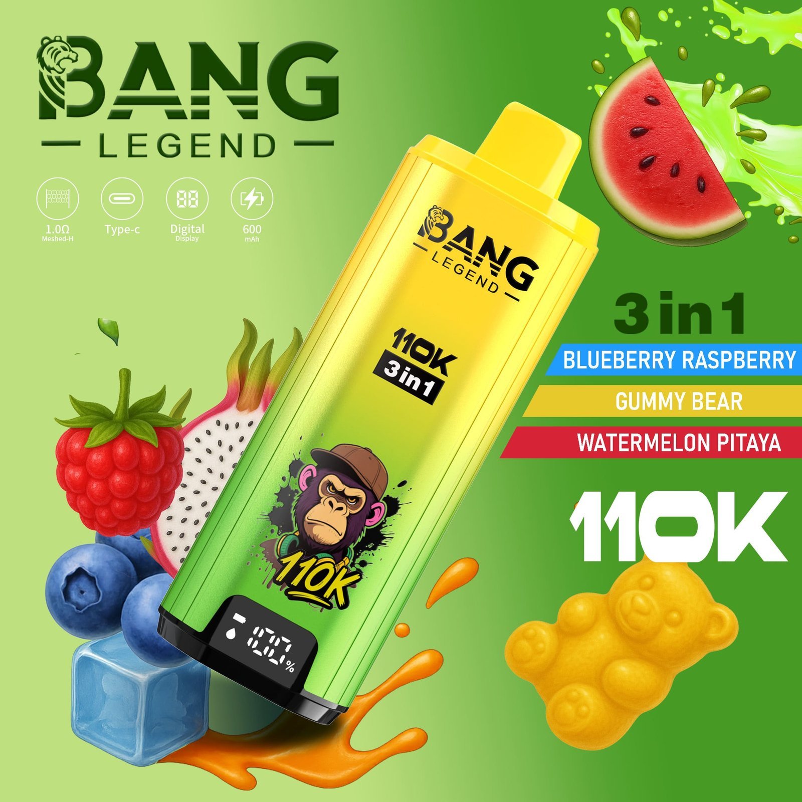 Bang Legend 110K Puffs 3 az 1-ben Vape – Ultra hosszú élettartam, hálós tekercs, Type-C töltés, 12 ízkombó
