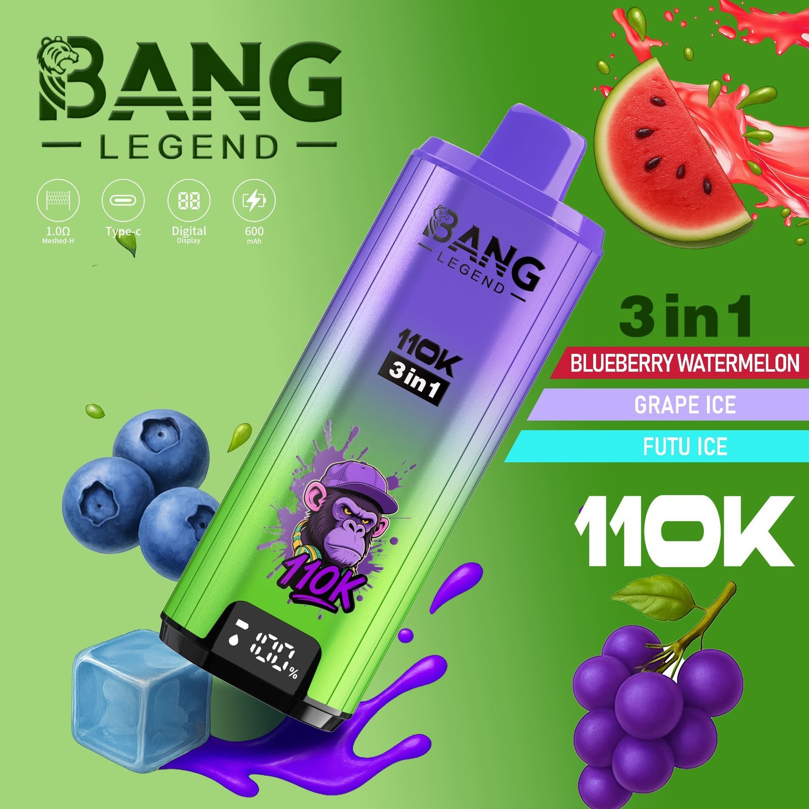 Bang Legend 110K Puffs 3 az 1-ben Vape – Ultra hosszú élettartam, hálós tekercs, Type-C töltés, 12 ízkombó