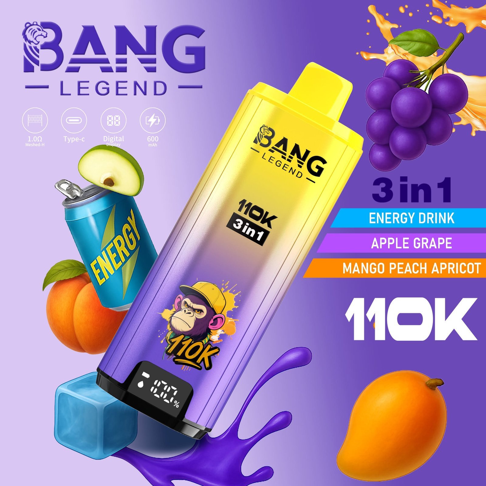 Bang Legend 110K Puffs 3 az 1-ben Vape – Ultra hosszú élettartam, hálós tekercs, Type-C töltés, 12 ízkombó