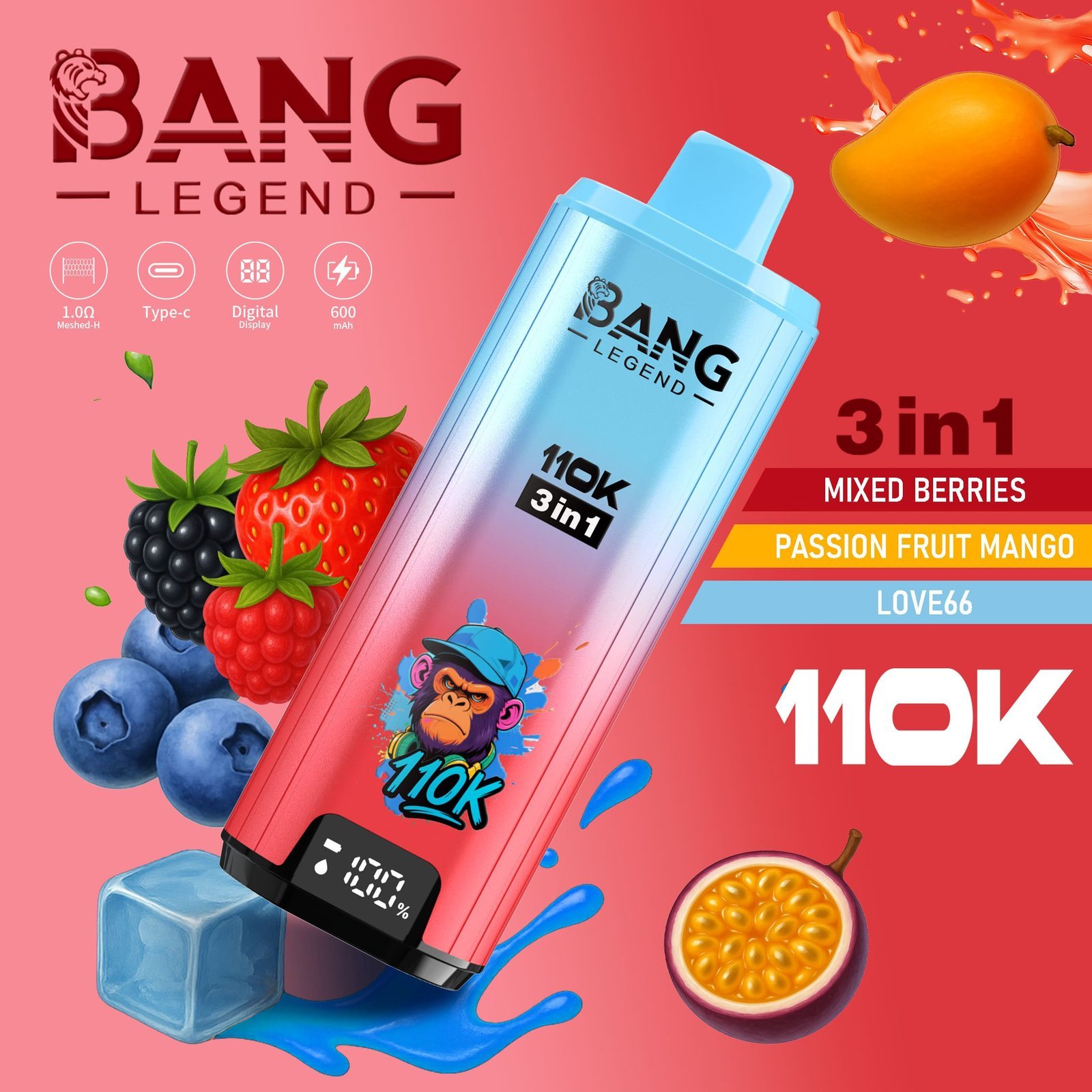 Bang Legend 110K Puffs 3 az 1-ben Vape – Ultra hosszú élettartam, hálós tekercs, Type-C töltés, 12 ízkombó