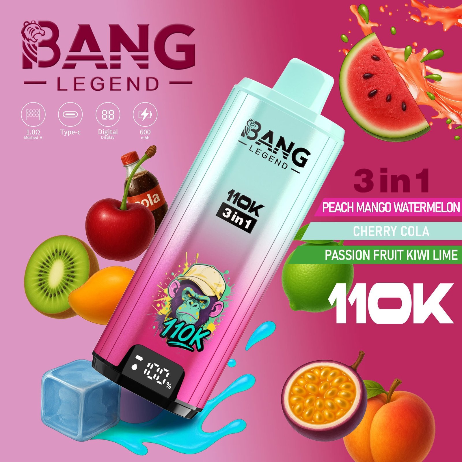 Bang Legend 110K Puffs 3 az 1-ben Vape – Ultra hosszú élettartam, hálós tekercs, Type-C töltés, 12 ízkombó