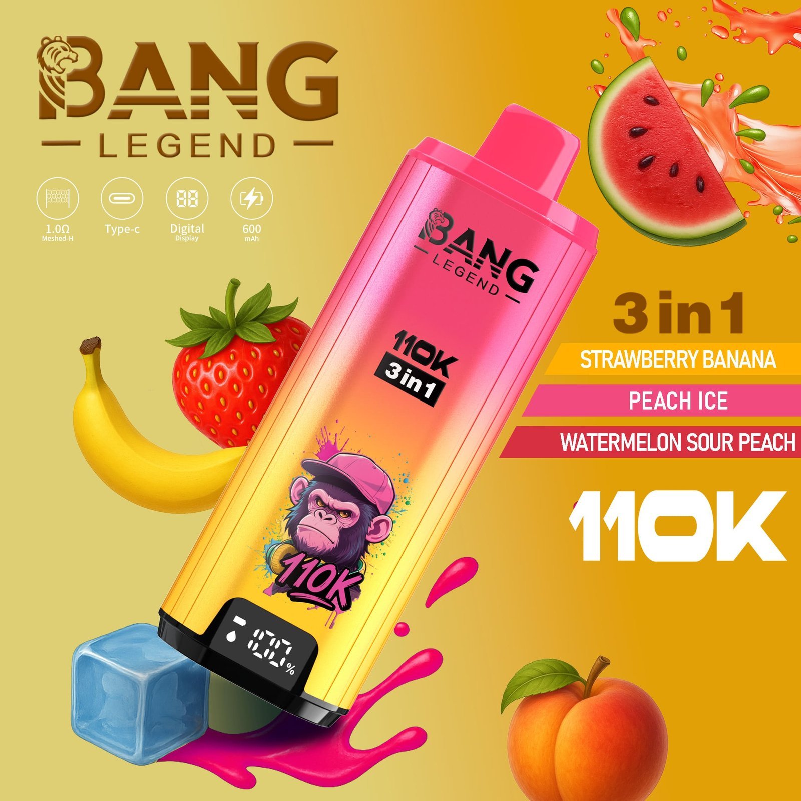 Bang Legend 110K Puffs 3 az 1-ben Vape – Ultra hosszú élettartam, hálós tekercs, Type-C töltés, 12 ízkombó