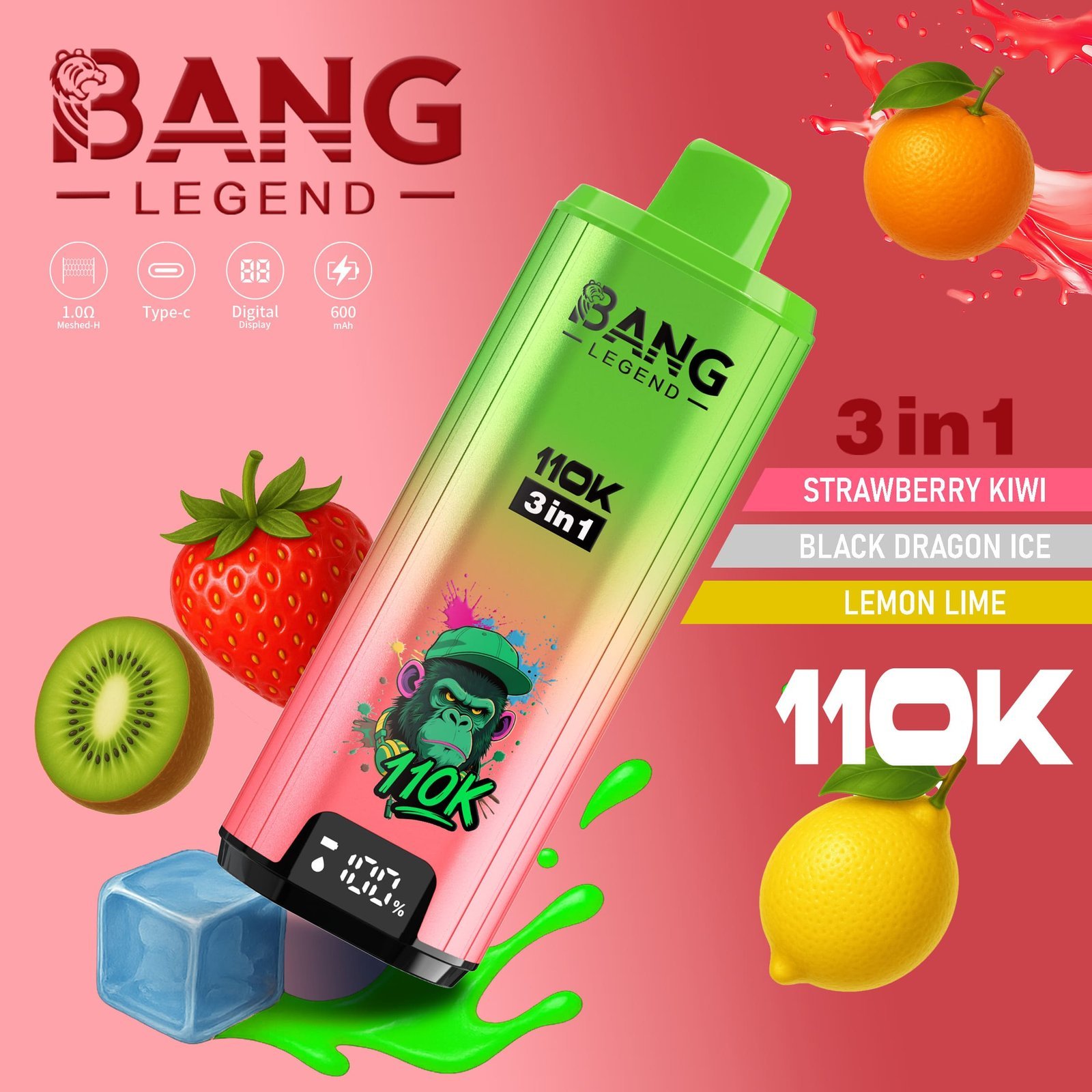 Bang Legend 110K Puffs 3 az 1-ben Vape – Ultra hosszú élettartam, hálós tekercs, Type-C töltés, 12 ízkombó