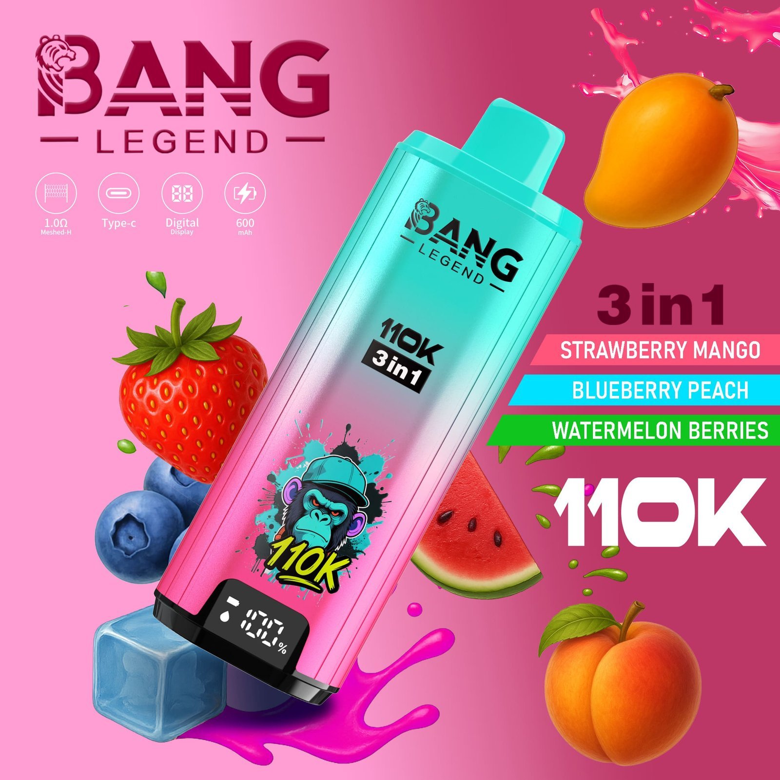 Bang Legend 110K Puffs 3 az 1-ben Vape – Ultra hosszú élettartam, hálós tekercs, Type-C töltés, 12 ízkombó