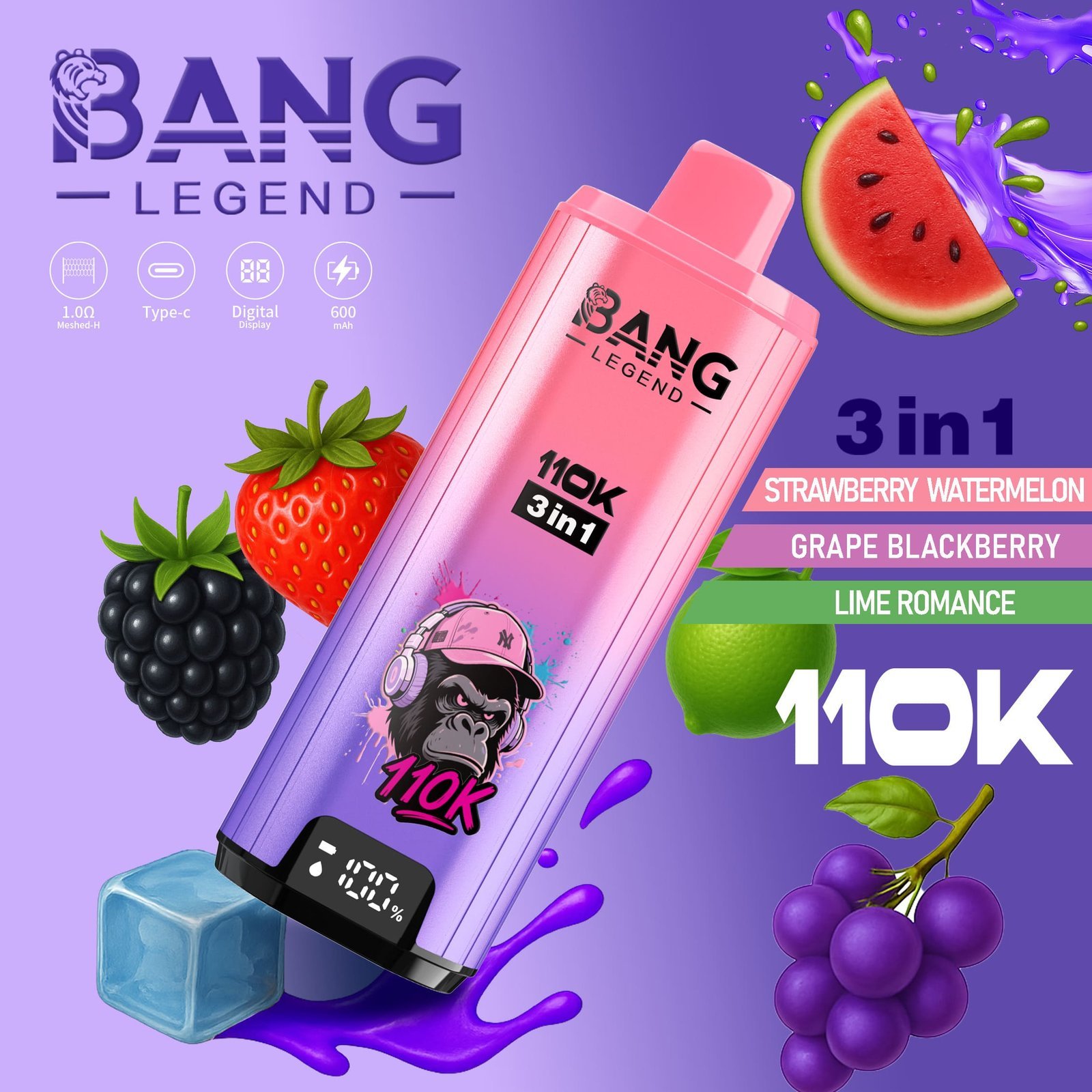 Bang Legend 110K Puffs 3 az 1-ben Vape – Ultra hosszú élettartam, hálós tekercs, Type-C töltés, 12 ízkombó