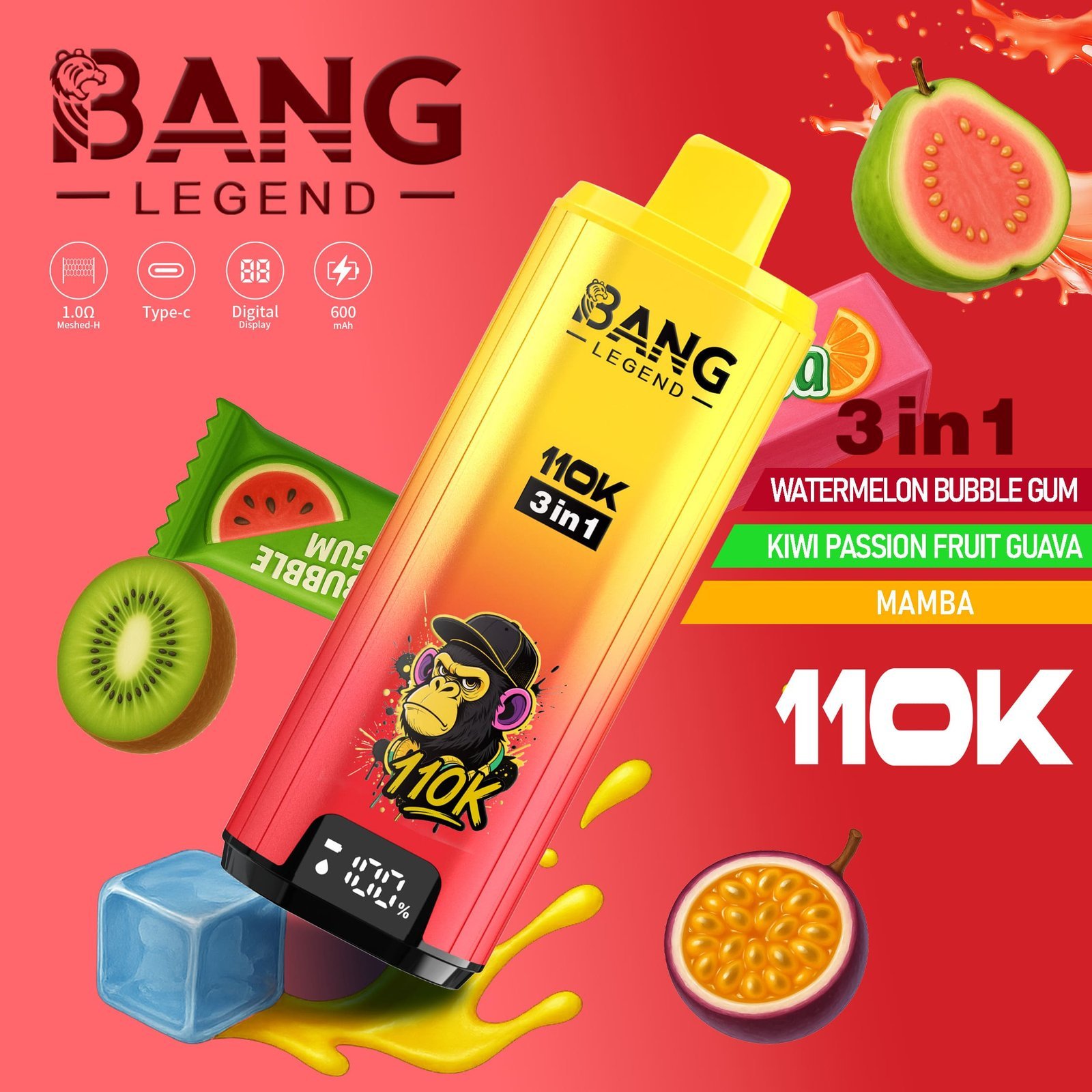 Bang Legend 110K Puffs 3 az 1-ben Vape – Ultra hosszú élettartam, hálós tekercs, Type-C töltés, 12 ízkombó