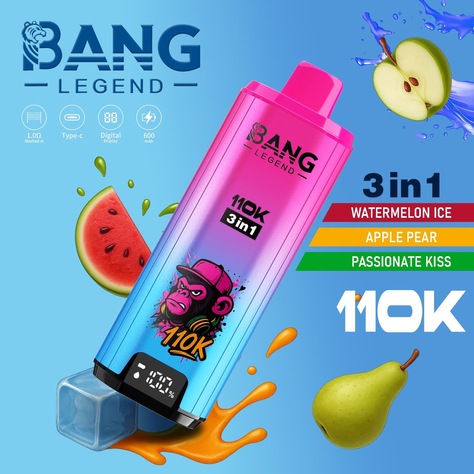 Bang Legend 110K Puffs 3 az 1-ben Vape – Ultra hosszú élettartam, hálós tekercs, Type-C töltés, 12 ízkombó
